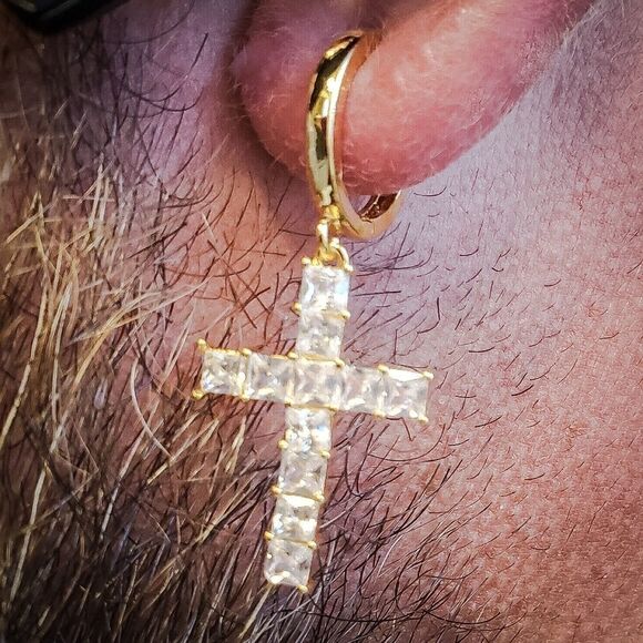Gold Asscher Cut Cross Earrings - Picture 3 of 4